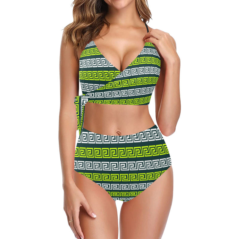 neon green greek print 3 Knot Side Bikini Swimsuit (Model S37) - Objet D'Art