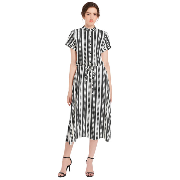 Striped Drawstring Waist A-line Flared Midi Dress - Objet D'Art