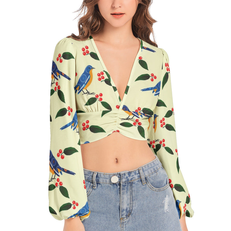 Birdie Bye Bye Women's Deep V-Neck Lantern Sleeve Crop Top - Objet D'Art