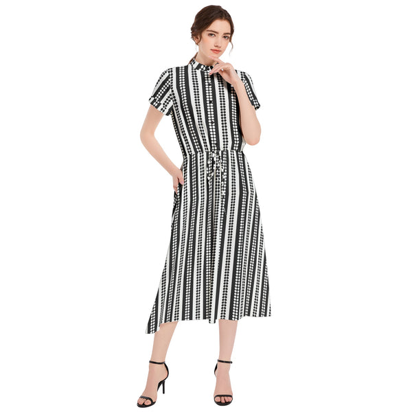 Striped Drawstring Waist A-line Flared Midi Dress - Objet D'Art