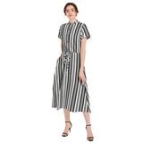 Striped Drawstring Waist A-line Flared Midi Dress - Objet D'Art