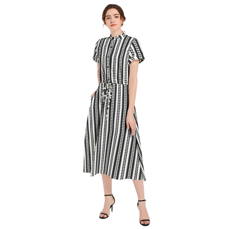 Striped Drawstring Waist A-line Flared Midi Dress - Objet D'Art