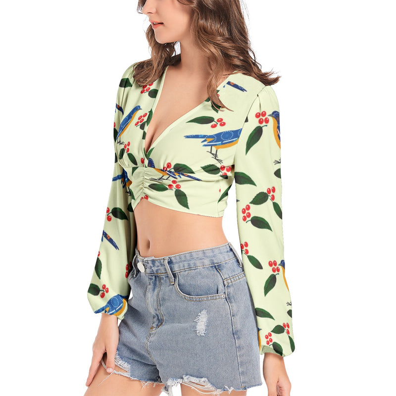 Birdie Bye Bye Women's Deep V-Neck Lantern Sleeve Crop Top - Objet D'Art