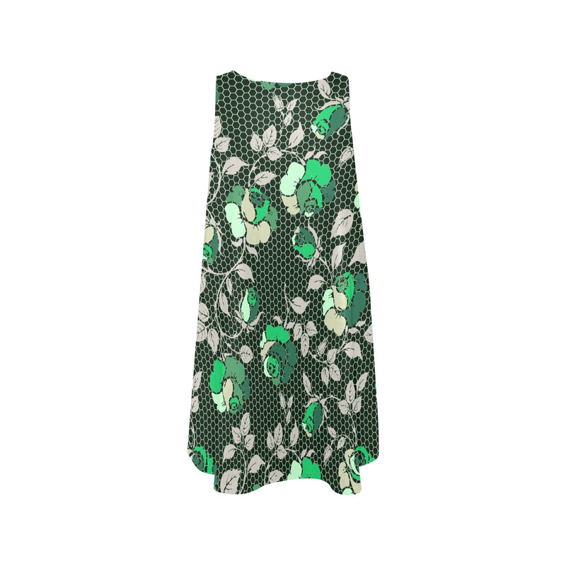 green rose print 2 Sleeveless A-Line Pocket Dress (Model D57) - Objet D'Art
