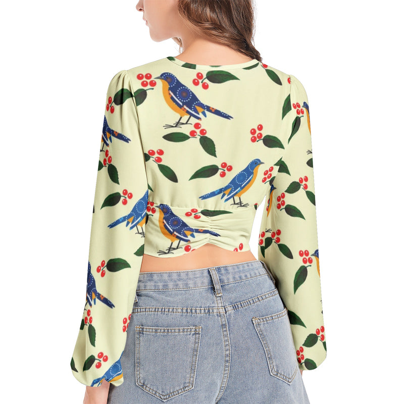 Birdie Bye Bye Women's Deep V-Neck Lantern Sleeve Crop Top - Objet D'Art