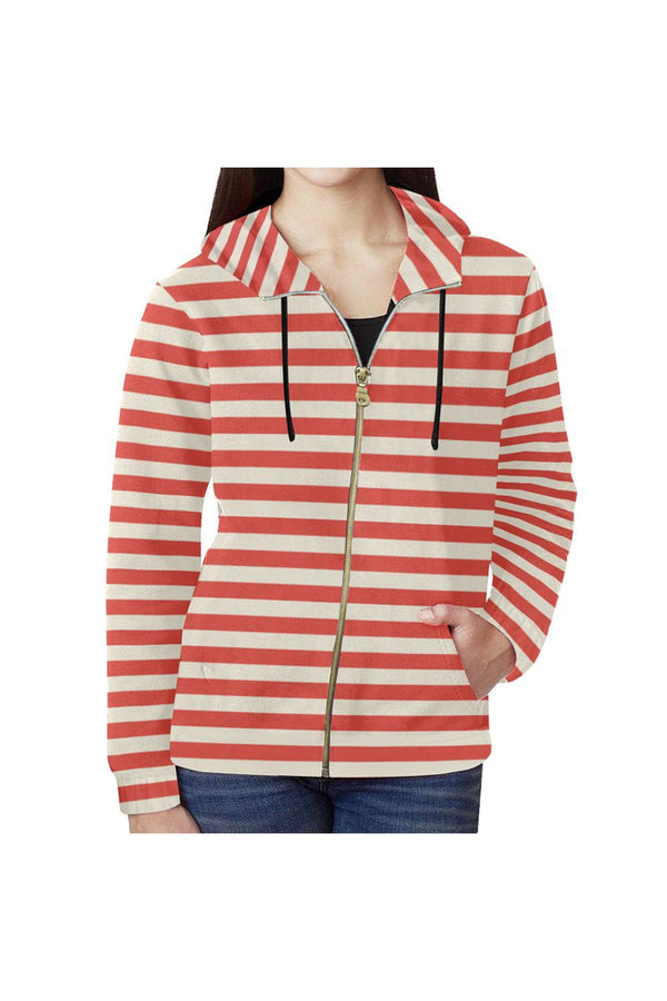 Coral Orange Mini Stripes All Over Print Full Zip Hoodie for Women (Model H14) - Objet D'Art