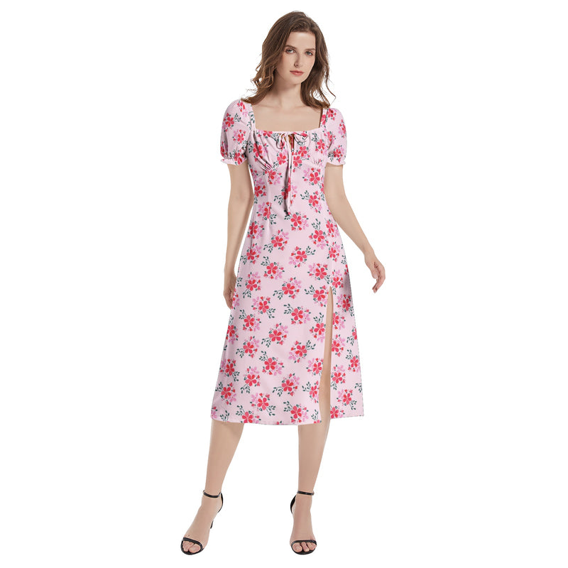 Pink Floral waters Puff Sleeve Split Thigh Midi Dress - Objet D'Art