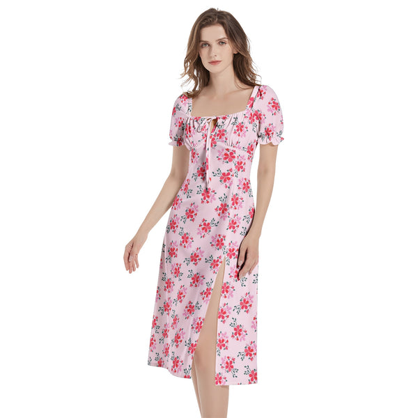 Pink Floral waters Puff Sleeve Split Thigh Midi Dress - Objet D'Art