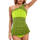 neon and dark green greek key print Women's One Shoulder Backless Swimsuit (Model S44) - Objet D'Art