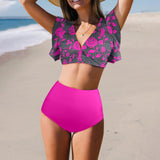 fuchsia print solid Women's Ruffle Sleeve Bikini Swimsuit (Model S42) - Objet D'Art