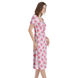 Pink Floral waters Puff Sleeve Split Thigh Midi Dress - Objet D'Art