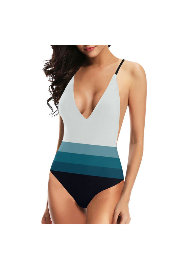 Three Band Gradient Sexy Lacing Backless One-Piece Swimsuit - Objet D'Art