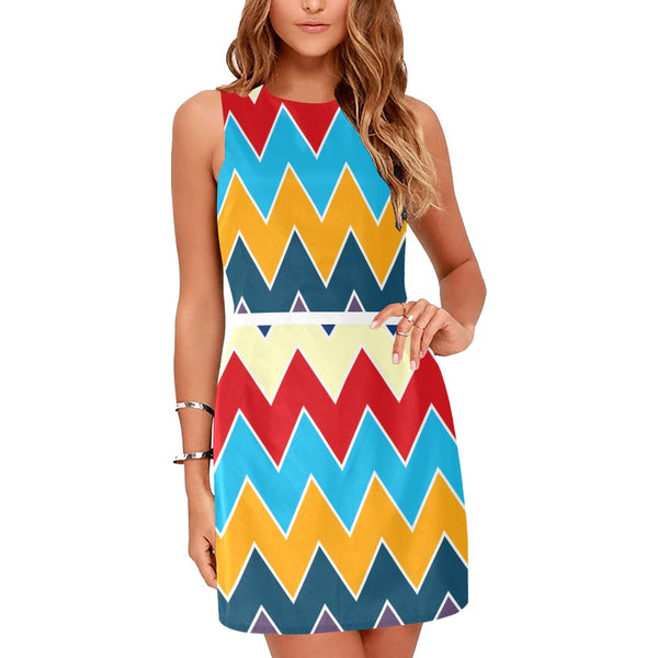 waves14 print Eos Women's Sleeveless Dress (Model D01) - Objet D'Art