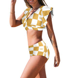 chess queen bronze print set print Women's Ruffle Sleeve Bikini Swimsuit (Model S42) - Objet D'Art