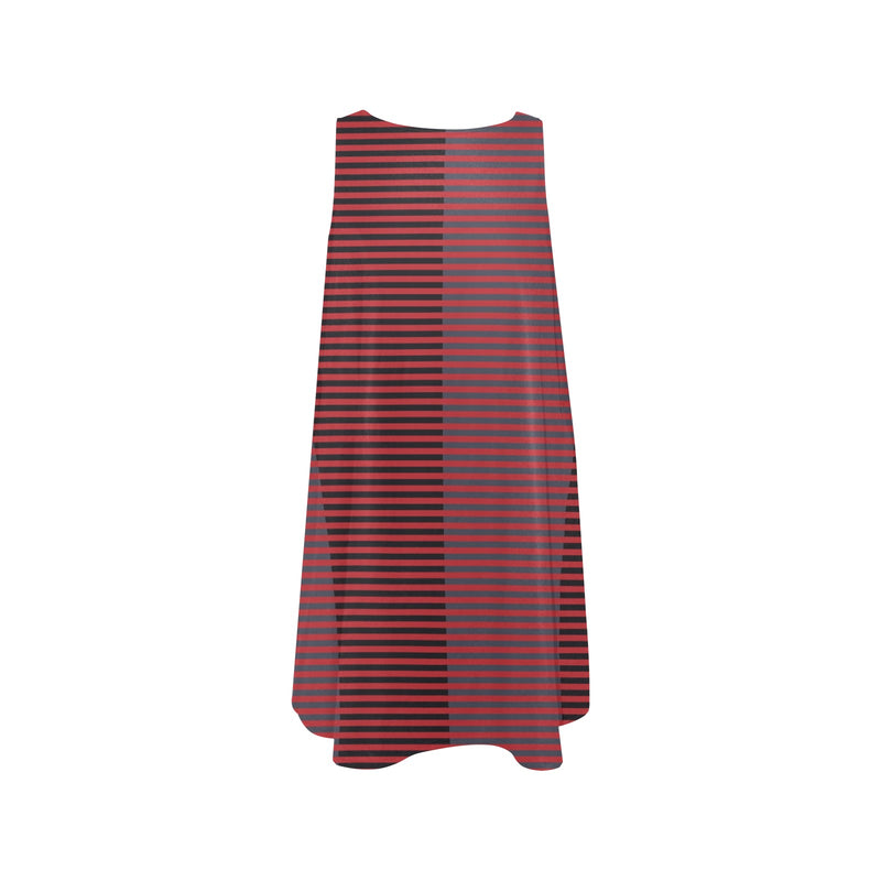 horizontal striped red gray black print Sleeveless A-Line Pocket Dress (Model D57) - Objet D'Art