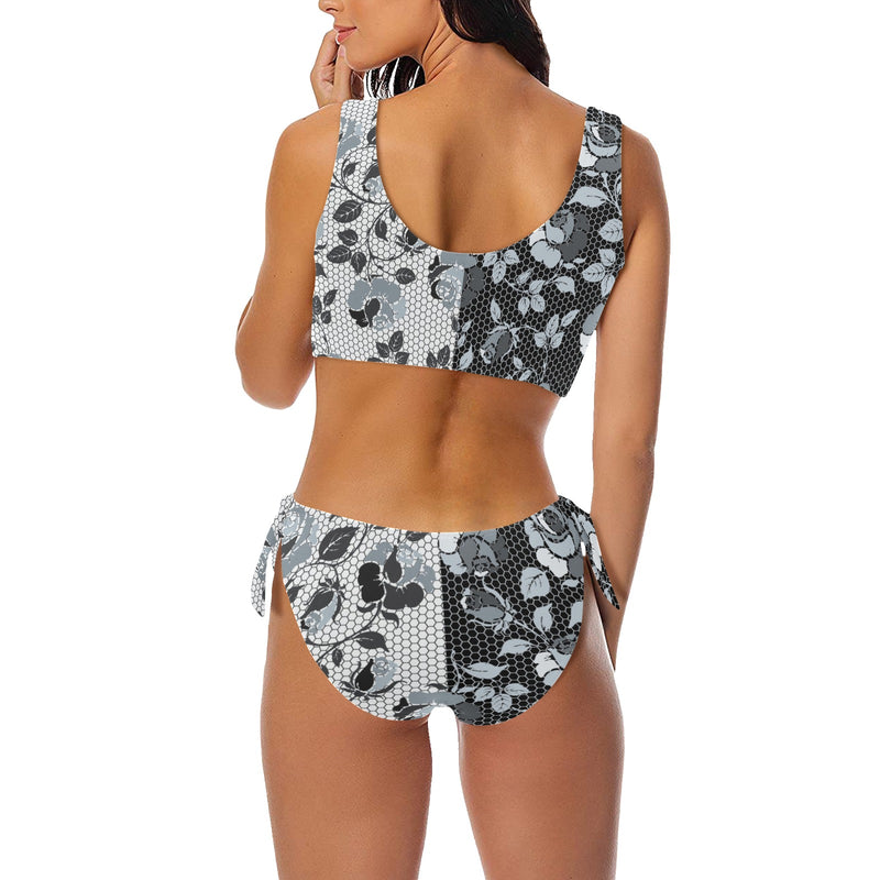 selenium gray print 3 Bow Tie Front Bikini Swimsuit (Model S38) - Objet D'Art