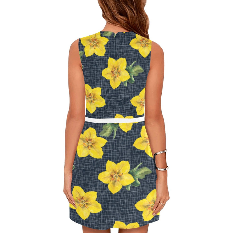 yellow flora print copy Eos Women's Sleeveless Dress (Model D01) - Objet D'Art