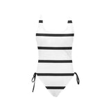 bw striped print 5 Drawstring Side One-Piece Swimsuit (Model S14) - Objet D'Art