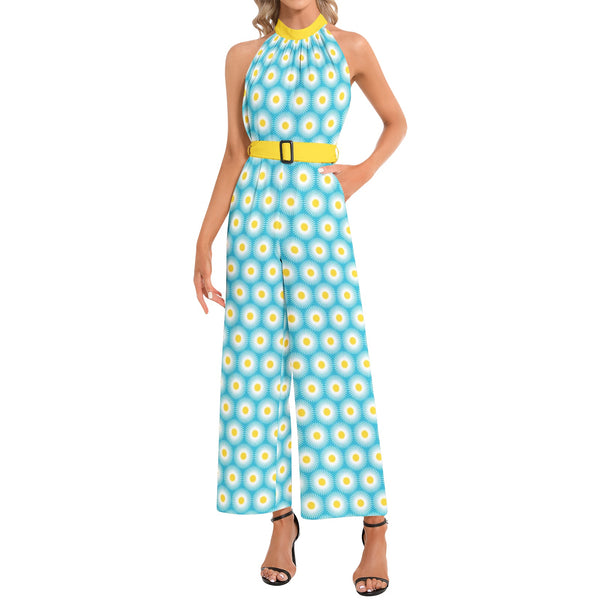 Daisy Print Halter Neck Buckle Belted Jumpsuit - Objet D'Art