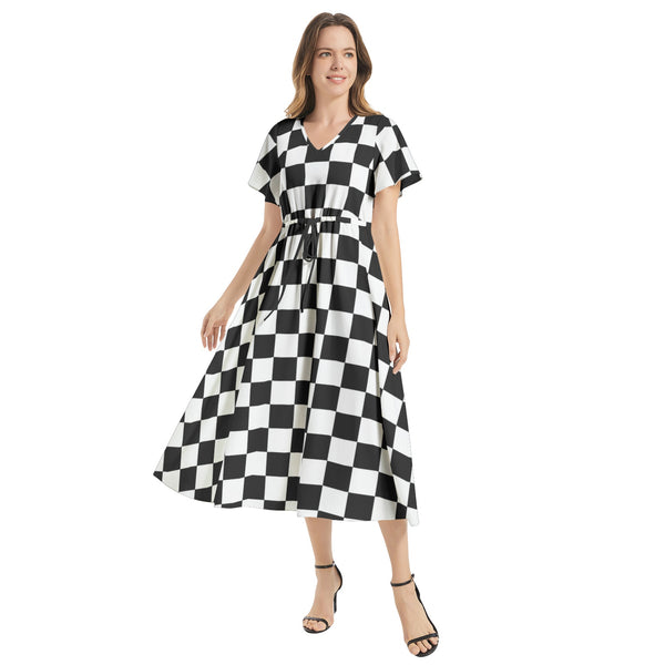 Piebald Pixels Flutter Sleeve Drawstring Waist Flared Dress - Objet D'Art