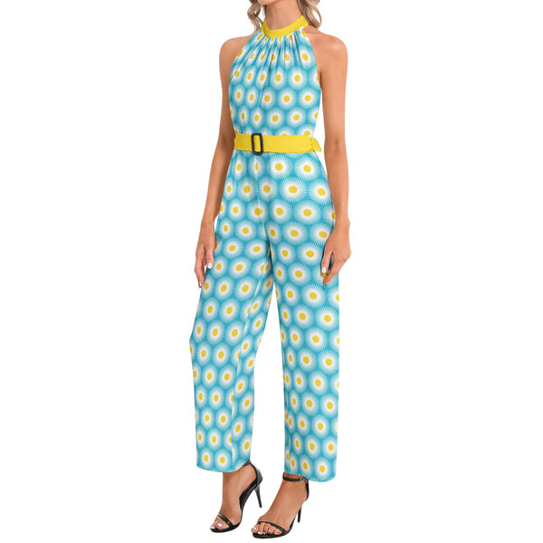 Daisy Print Halter Neck Buckle Belted Jumpsuit - Objet D'Art