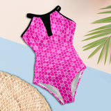 shades of fuchsia hex print Women's High Neck Plunge Mesh Ruched Swimsuit (S43) - Objet D'Art