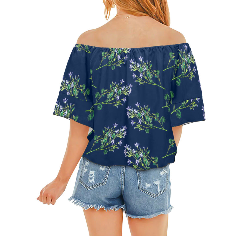 lavend print 2 Off Shoulder Knot Front Blouse (Model T71) - Objet D'Art