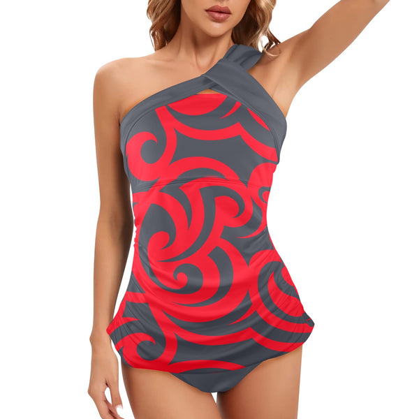 gray battle print Women's One Shoulder Backless Swimsuit (Model S44) - Objet D'Art