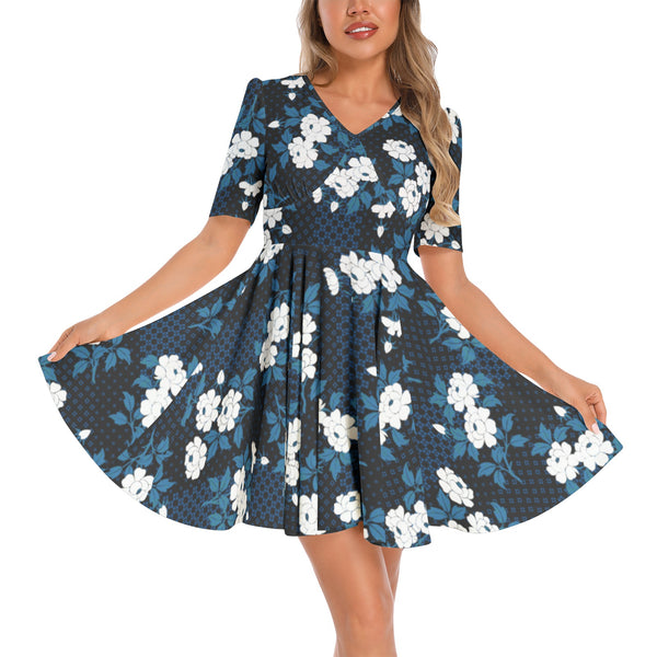 Blue rose garden Short Sleeve Ruched Bust Flared Hem Dress - Objet D'Art