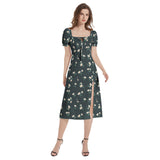 Floral Polka Dots Puff Sleeve Split Thigh Midi Dress - Objet D'Art