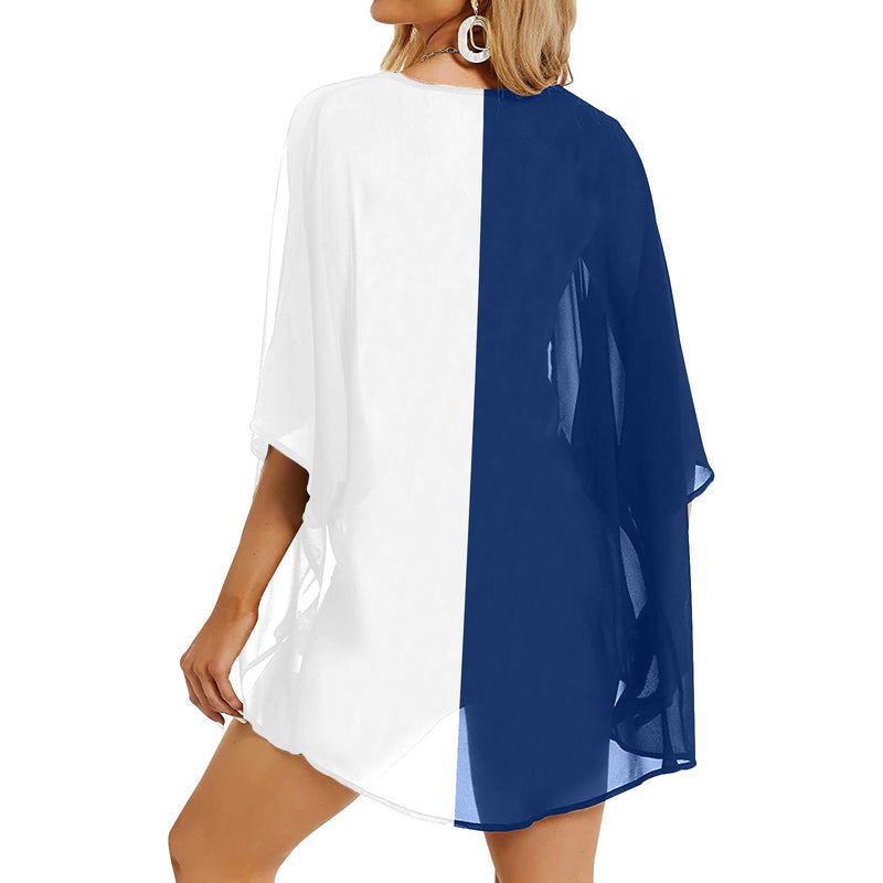 wht blue print Women's Kimono Chiffon Cover Up (Model H51) - Objet D'Art