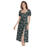 Floral Polka Dots Puff Sleeve Split Thigh Midi Dress - Objet D'Art