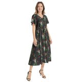 Skull and Roses Flutter Sleeve Drawstring Waist Flared Dress - Objet D'Art