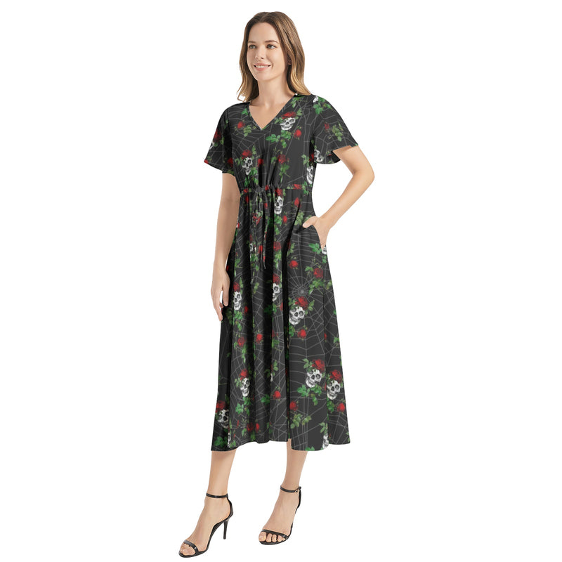 Skull and Roses Flutter Sleeve Drawstring Waist Flared Dress - Objet D'Art