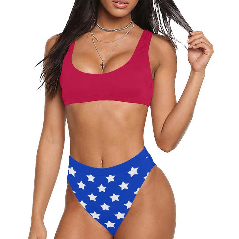 Stars On Blue Sport Top & High-Waisted Bikini Swimsuit - Objet D'Art