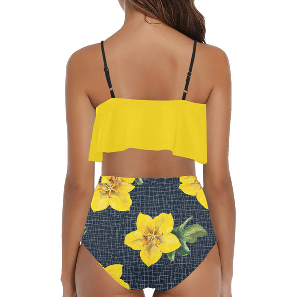 yellow flora print copy High Waisted Ruffle Bikini Set (Model S13) - Objet D'Art