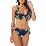 floral dark blue print 2 Bow Tie Front Bikini Swimsuit (Model S38) - Objet D'Art