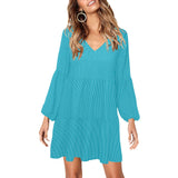 light blue fushcia microstripe print V-Neck Loose Fit Dress (Model D62) - Objet D'Art