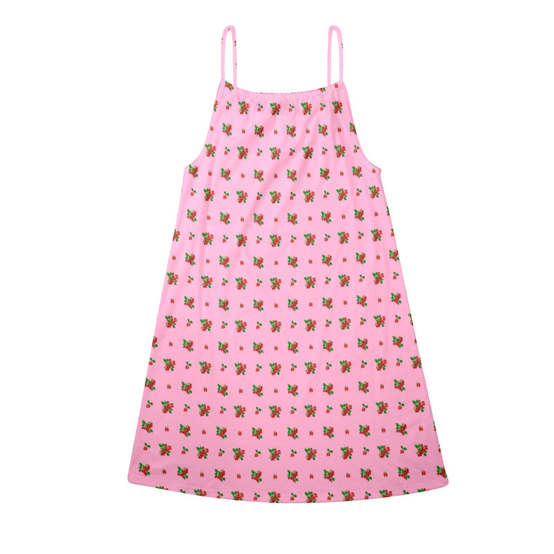 raspberry pink print Drawstring Neck Sleeveless Dress (Model D68)