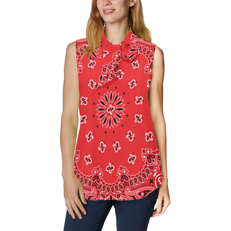 red bandana Women's Bow Tie V-Neck Sleeveless Shirt (Model T69) - Objet D'Art