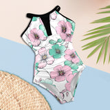 pink green floral mj shoes Women's High Neck Plunge Mesh Ruched Swimsuit (S43) - Objet D'Art