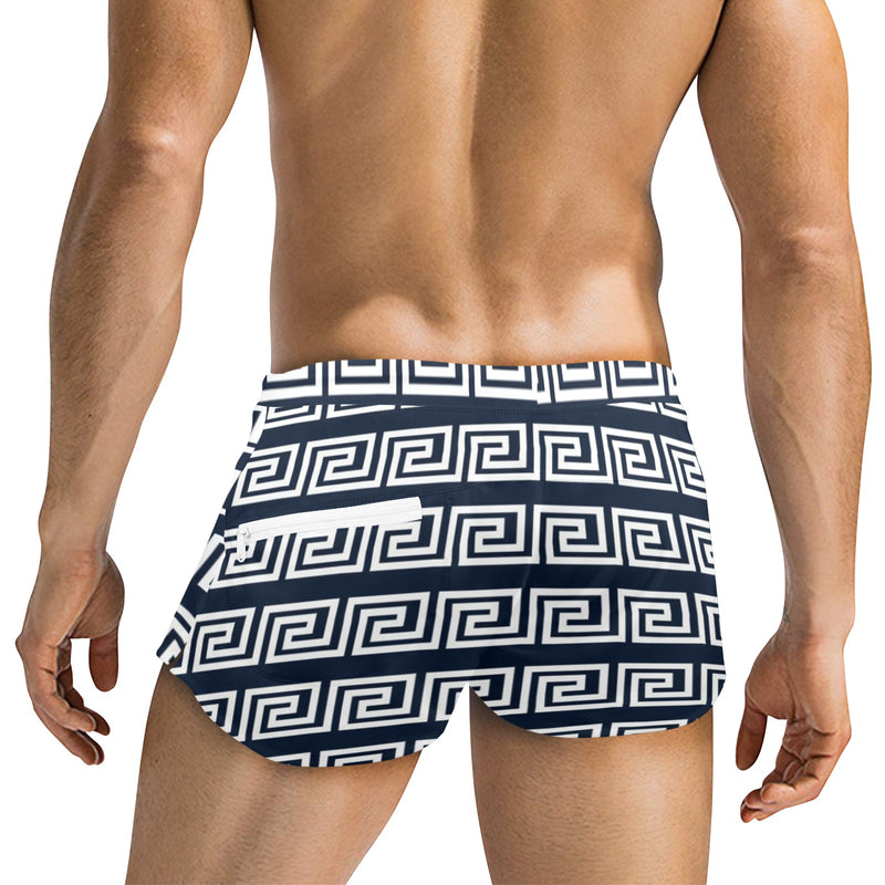 white on blue greek key print Men's Swim Trunks with Zipper Pocket (Model L71) - Objet D'Art