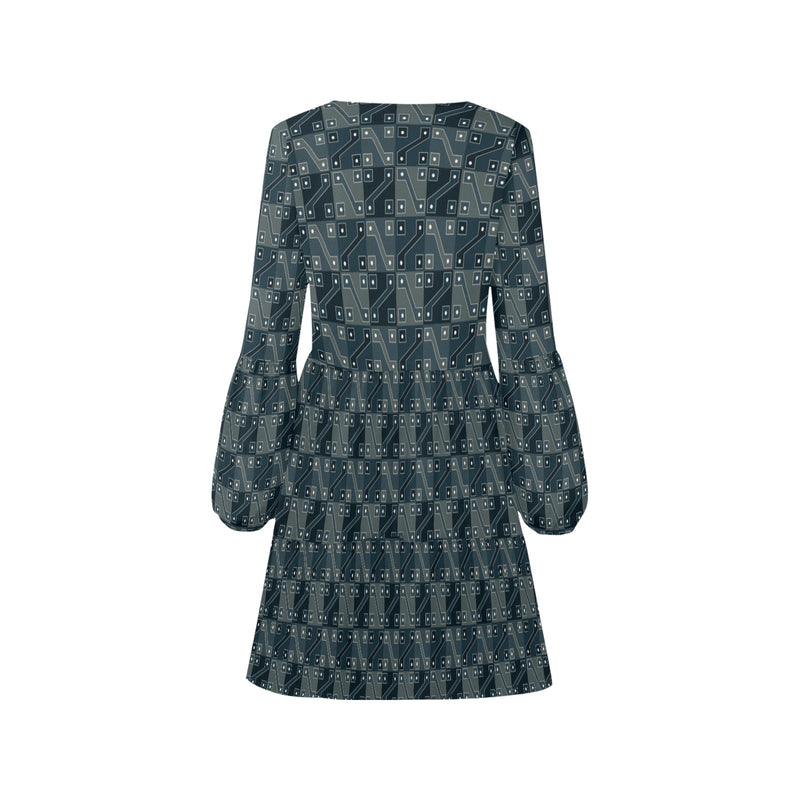 split blue inca print V-Neck Loose Fit Dress (Model D62) - Objet D'Art