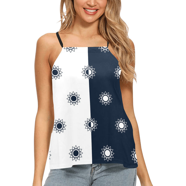 two tone blue star polka dots solid print 5 Loose Fit Halter Neck Top (Model T68) - Objet D'Art