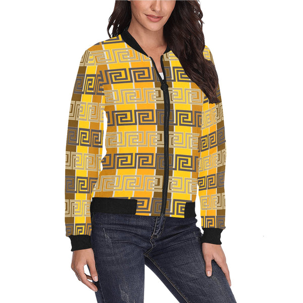 bronze striped greek key print All Over Print Bomber Jacket for Women (Model H36) - Objet D'Art