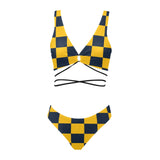 navy blue gold checkered print Cross String Bikini Set (Model S29) - Objet D'Art