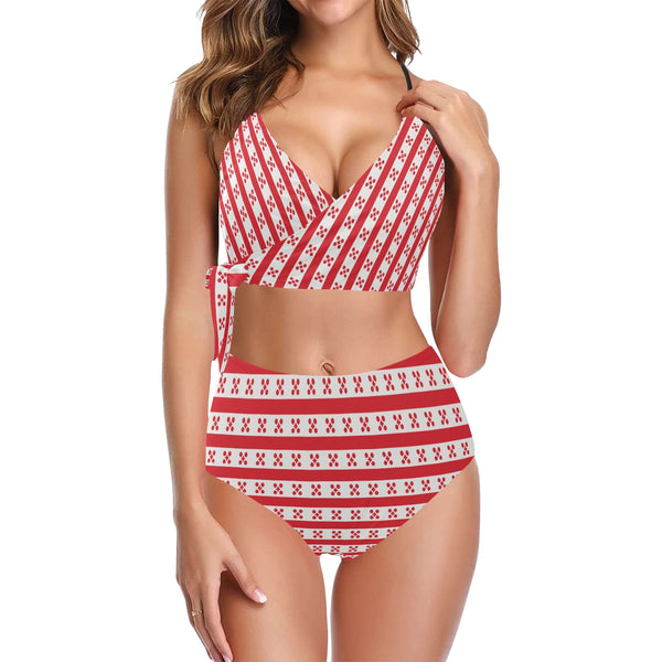 gingham print red white 2 Knot Side Bikini Swimsuit (Model S37) - Objet D'Art