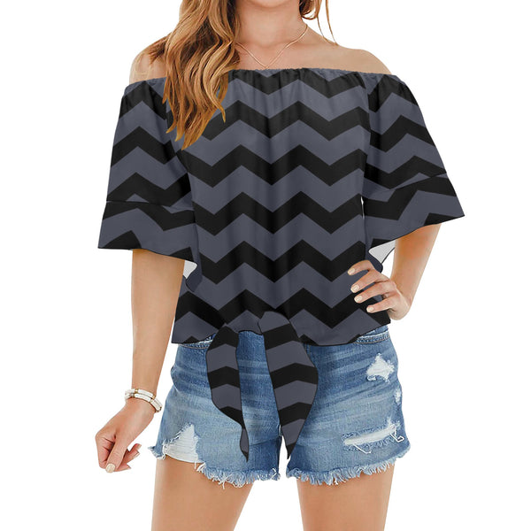 waves8 print Off Shoulder Knot Front Blouse (Model T71) - Objet D'Art