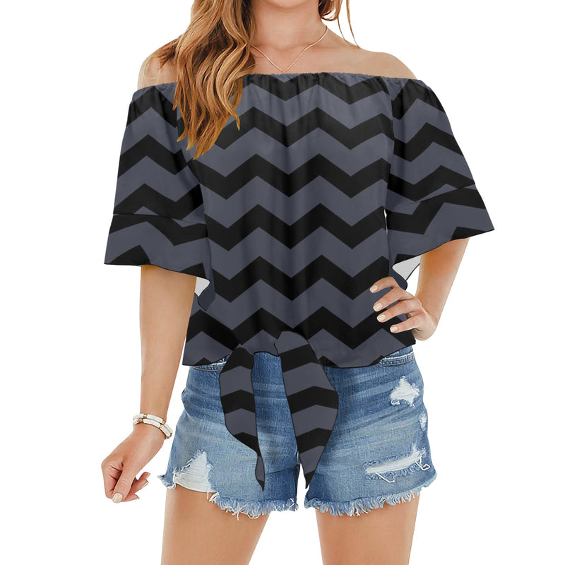 waves8 print Off Shoulder Knot Front Blouse (Model T71) - Objet D'Art