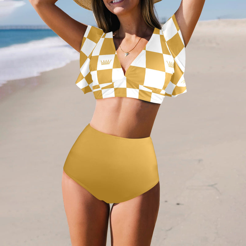 bronze print 2 Women's Ruffle Sleeve Bikini Swimsuit (Model S42) - Objet D'Art